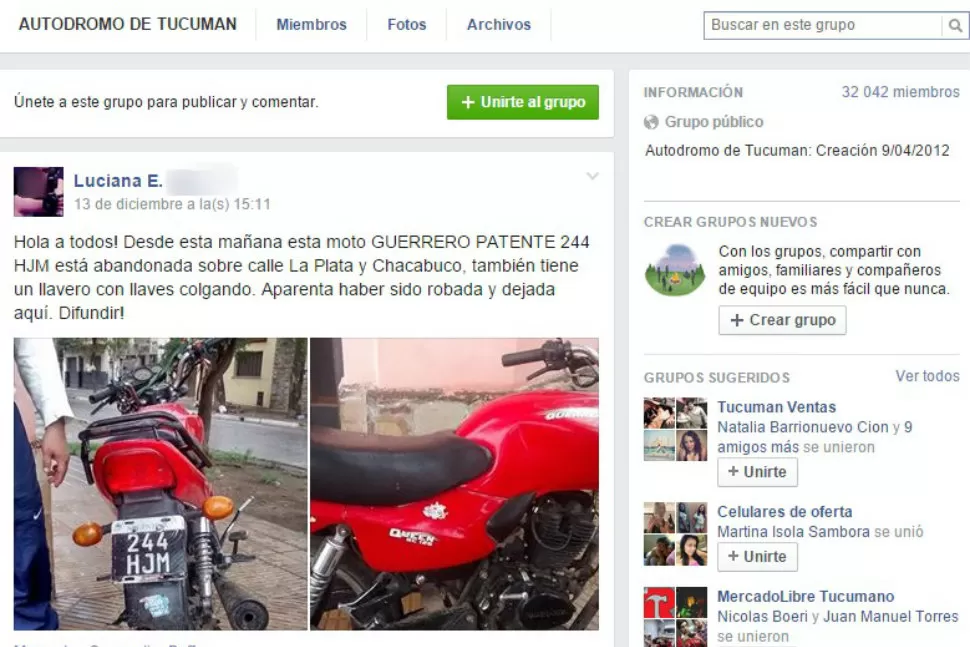 DENUNCIA. Los datos de la moto fueron publicados en el grupo de Facebook. CAPTURA DE PANTALLA