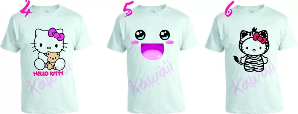 Para comprar online.

En una página de compras por Internet se ofrecen estas remeras con estampas de Hello Kitty por $60. 

