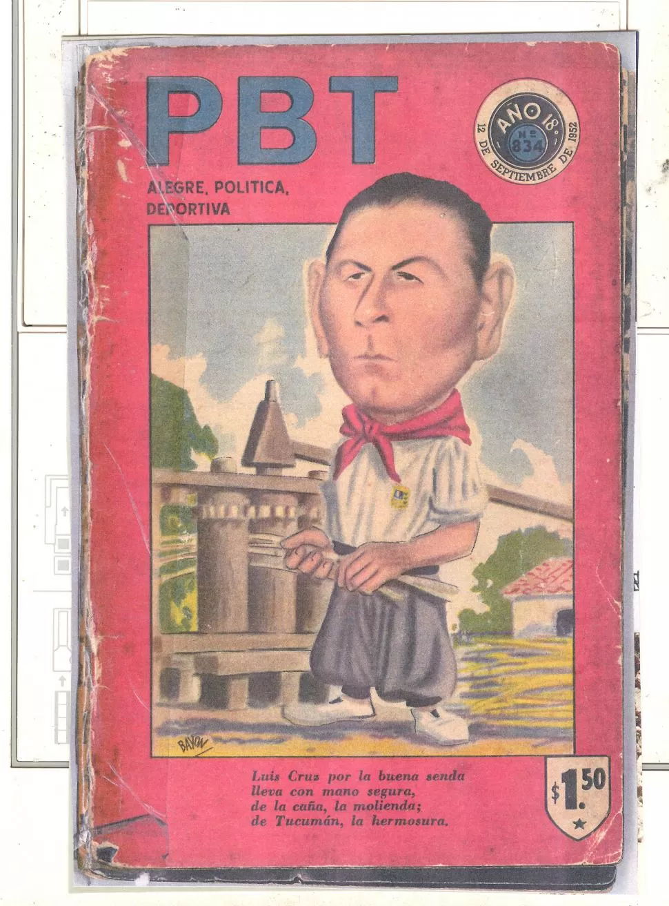 LUIS CRUZ. El caricaturista Bayón lo representó colocando cañas en el histórico trapiche de madera.  la gaceta / archivo