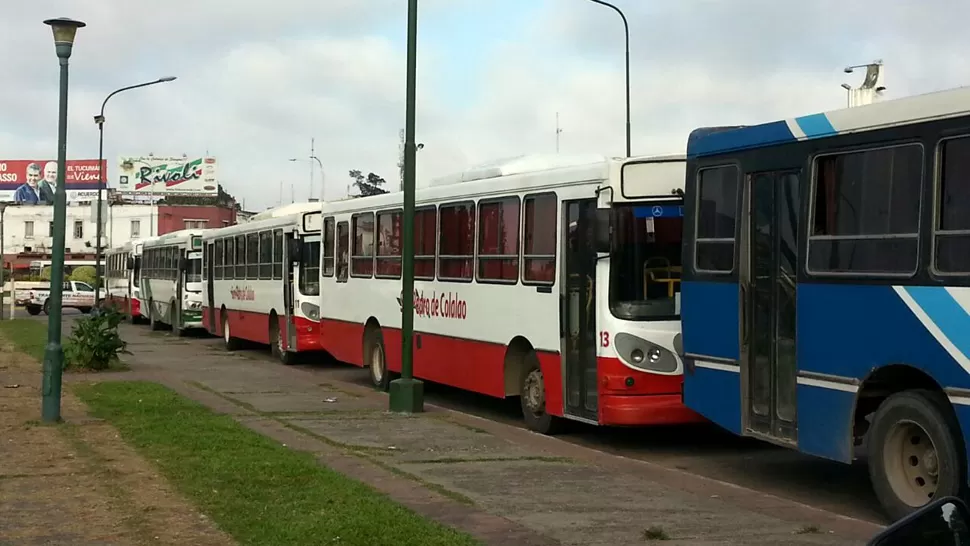 SIN COLECTIVOS. Los coches de San Pedro de Colalao estuvieron repartidos por el parque 9 de Julio y en las inmediaciones de la terminal de ómnibus durante la mañana. FOTO ENVIADA POR UN LECTOR