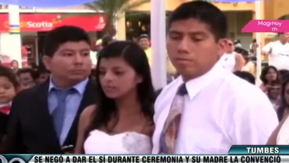 DUDAS Y VERGÜENZA. La chica dudó varias veces en dar el sí y no quiso besar a su novio después del casamiento. CAPTURA DE VIDEO