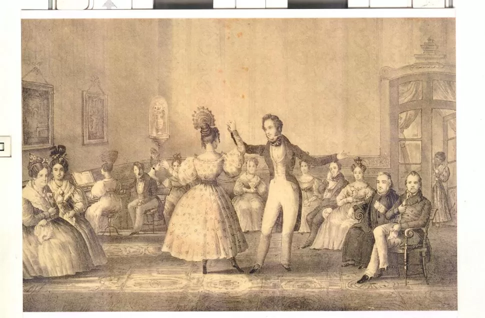 DANZA CEREMONIOSA. Un grabado de Carlos Enrique Pellegrini reconstruyó el tono que tenían las reuniones con baile, en la primera mitad del siglo XIX. la gaceta / archivo