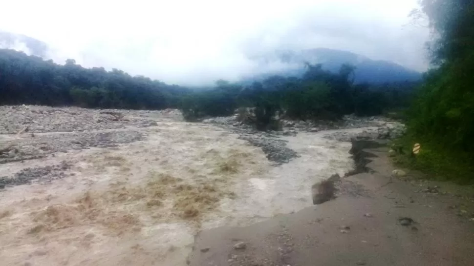 TODO BAJO EL AGUA. La ruta nacional 65, que lleva a Cochuna, prácticamente ha desaparecido y está socavada. ABAJO: el puente que lleva a la reserva de Los Alisos cuando fue inaugurado en 2013.  