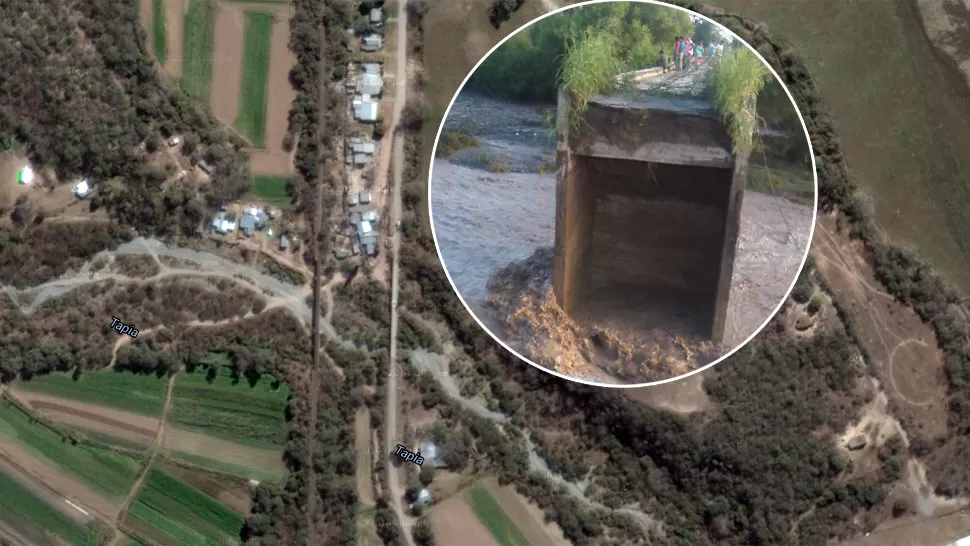 PASO ABIERTO. El río Tapia derribó el puente de la ex ruta 9, dejando familias asiladas, de acuerdo a un lector de la zona. FOTO ENVIADA POR WHATSAPP