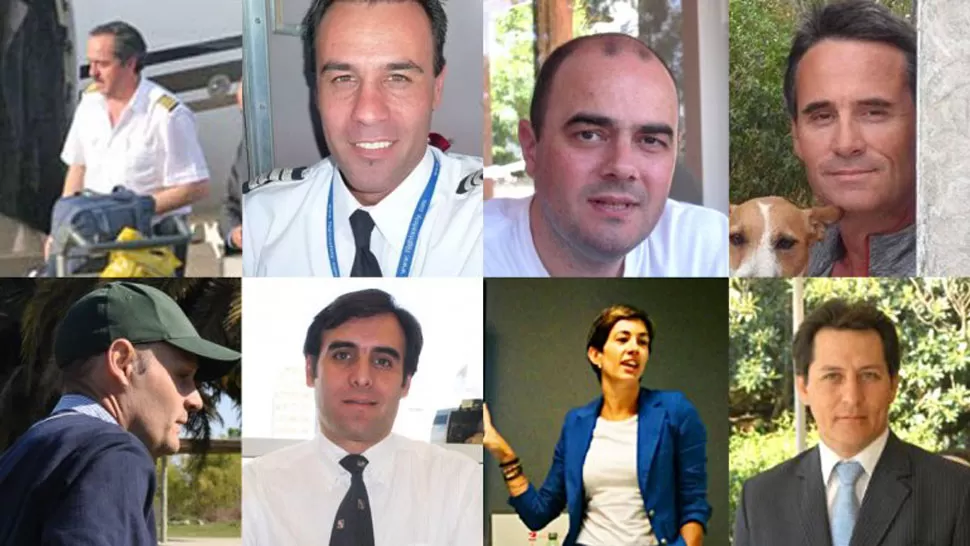 PILOTOS Y PASAJEROS. De izquierda a derecha, de arriba a abajo: Luis Gustavo Pivida, Diego Chiaradia, Mario Barba, Alfredo Dietrich, Carlos De Elias, Marcelo Zarco, Marta Pires Vieira y Horacio Peñaflor
