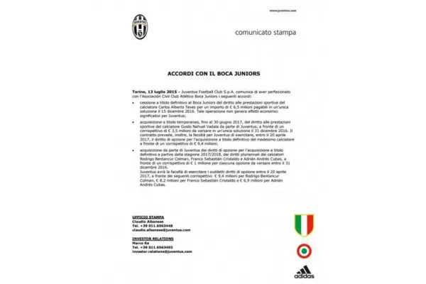 Juventus dio a conocer el arreglo con Boca para dejar volver a Tevez