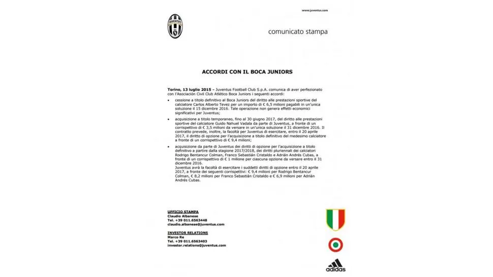 EL COMUNICADO OFICIAL DE JUVENTUS