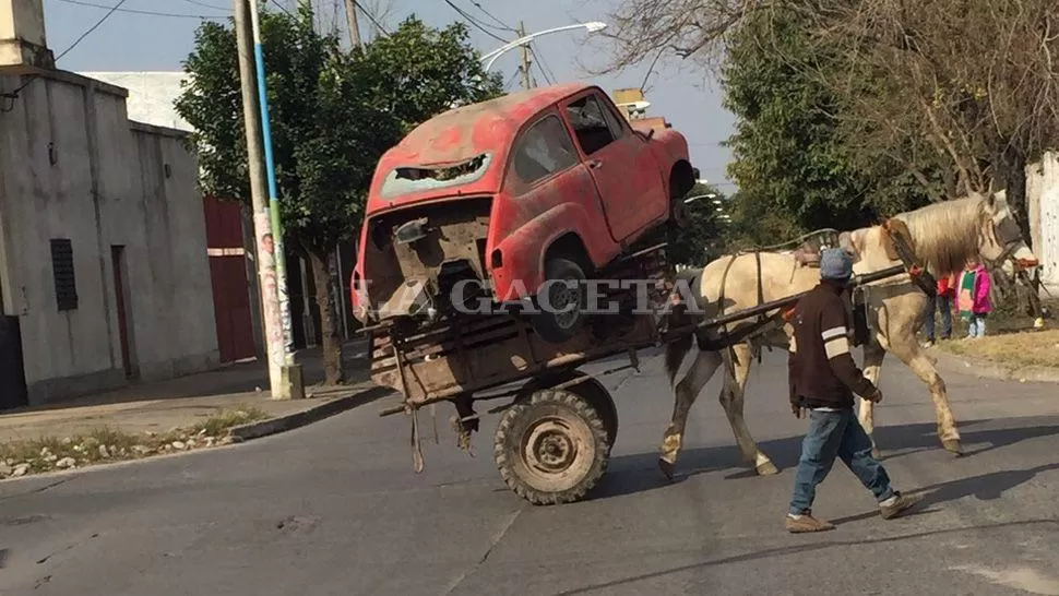 Trasladaron un Fiat 600 arriba de un carro tirado por caballos