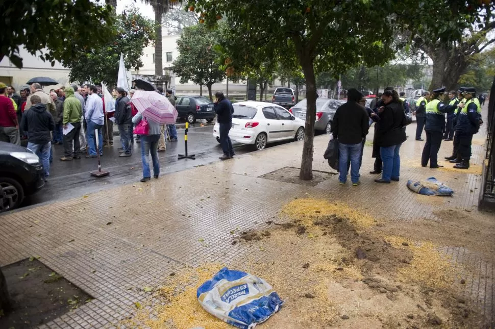 MALESTAR LOCAL. Los productores de diferentes actividades lanzaron  bolsas de maíz en el acceso a la sede de la Legislatura, en señal de protesta. la gaceta / foto de jorge olmos sgrosso