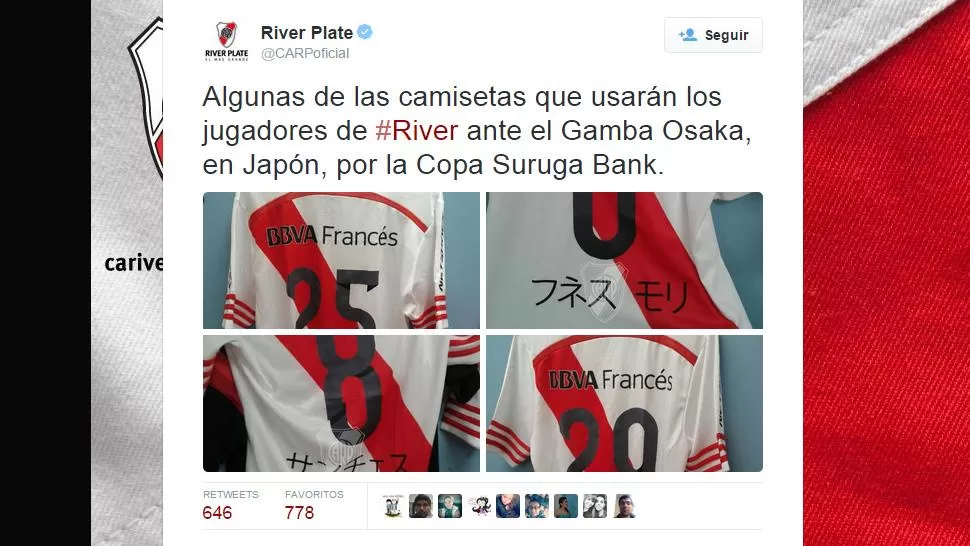 MARKETING. La firma que viste al club Millonario apostó por un gesto amigable hacia los simpatizantes japoneses. FOTO TOMADA DE TWITTER.COM/CARPOFICIAL