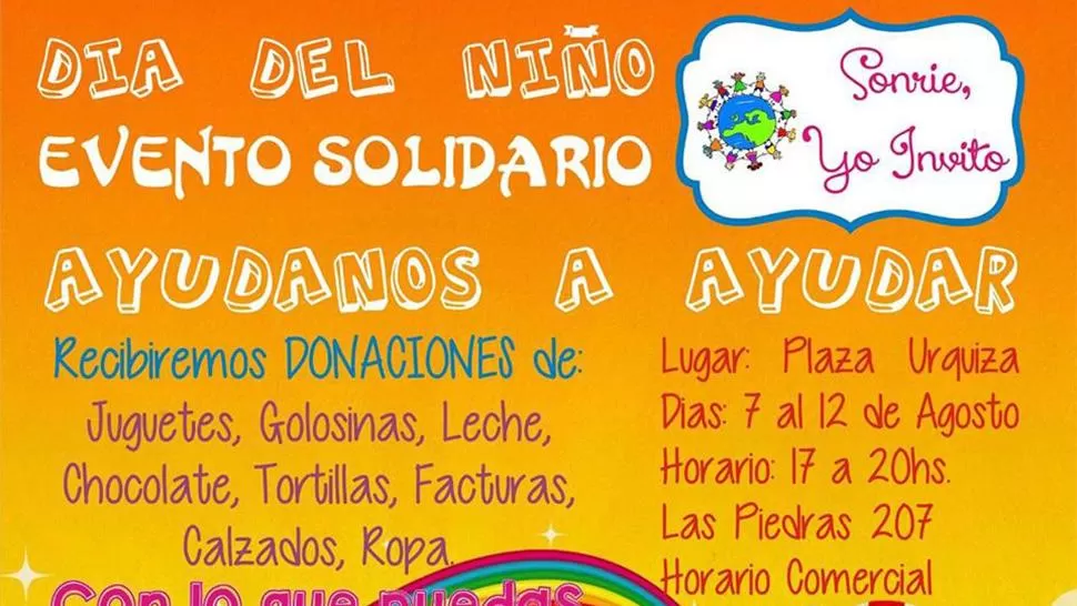 EVENTO SOLIDARIO. Sonríe Yo Invito realiza una movida para festejar con chicos de Las Talitas.
IMAGEN TOMADA DE Facebook voluntariado Sonríe, yo invito