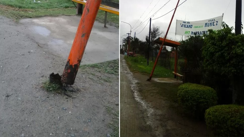 Un poste de alumbrado cuelga de los cables