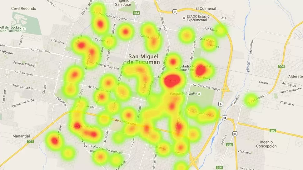 Mapa de calor, con la distribución de mesas de elección.