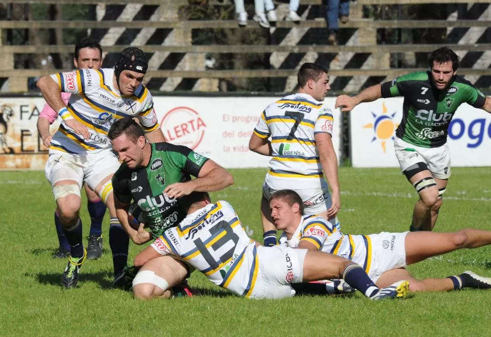 
SOLO CONTRA EL MUNDO. Juan Martín Guerineau, clave en el line “verdinegro”, intenta avanzar ante la resistencia de Juan Manino, Nicolás Proto y Domingo Miotti. A Tucumán Rugby no le sobró nada. la gaceta / foto de héctor peralta