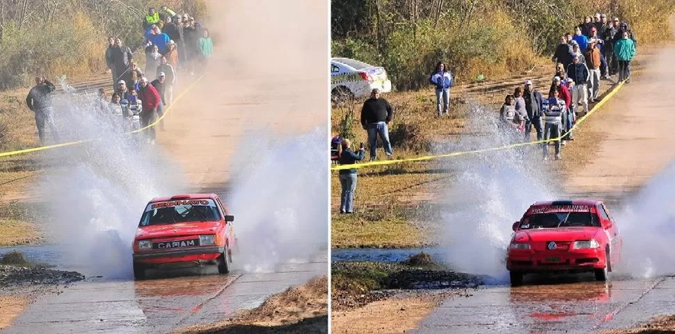 EN EL AGUA. El Renault 18 de Andrés Reginato (hecho por Caram) y el VW Gol de Ricardo Collado -h- (del Núñez Competición) están en impecable estado. fotos de marcelino mercado/rally noticias 