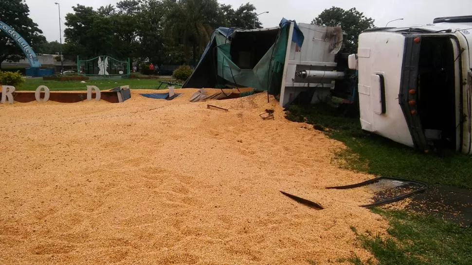 DAÑOS MATERIALES. El camión terminó su recorrido arriba de la rotonda luego de arrasar con canteros y una columna. FOTO GENTILEZA DE MARIO JUAREZ