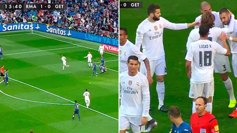 NO SALUDA. Cristiano Ronaldo no festeja con Benzema por reclamar un penal a favor. (DIARIO SPORT)