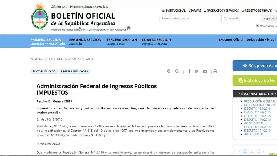 BOLETÍN OFICIAL. Hoy se publicó la resolución de la AFIP. CAPTURA DE PANTALLA