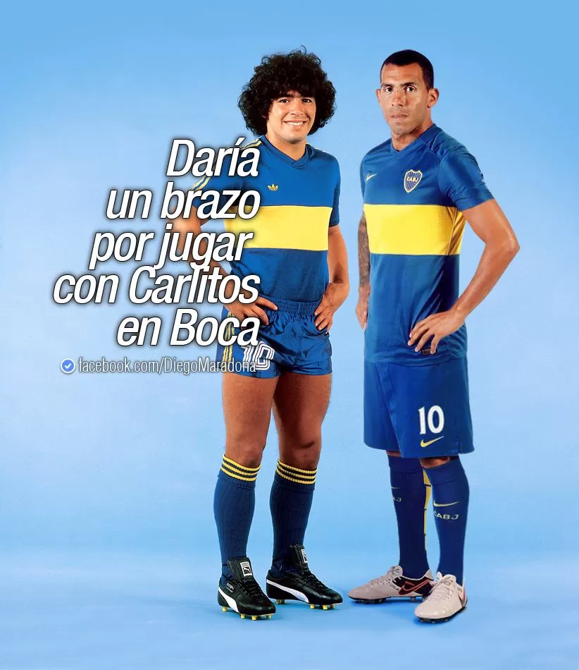 FOTOMONTAJE. Diego “jugó” a ser otra vez futbolista y unió su foto a la de Tevez. facebook / DiegoMaradonaOficial