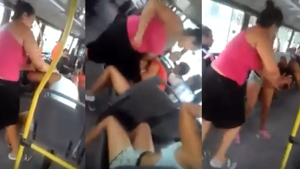 A LOS GOLPES. La mujer les dio una paliza a las jóvenes y las bajó del colectivo. CAPTURA DE VIDEO