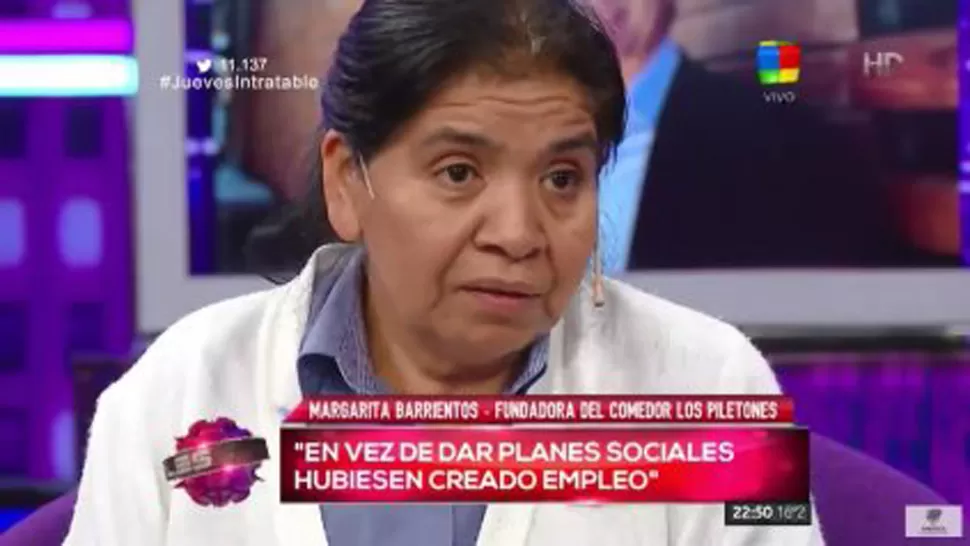 MARGARITA BARRIENTOS. La fundadora del comedor Los Piletones estuvo en intratables. FOTO TOMADA DE AMÉRICATV.COM.AR