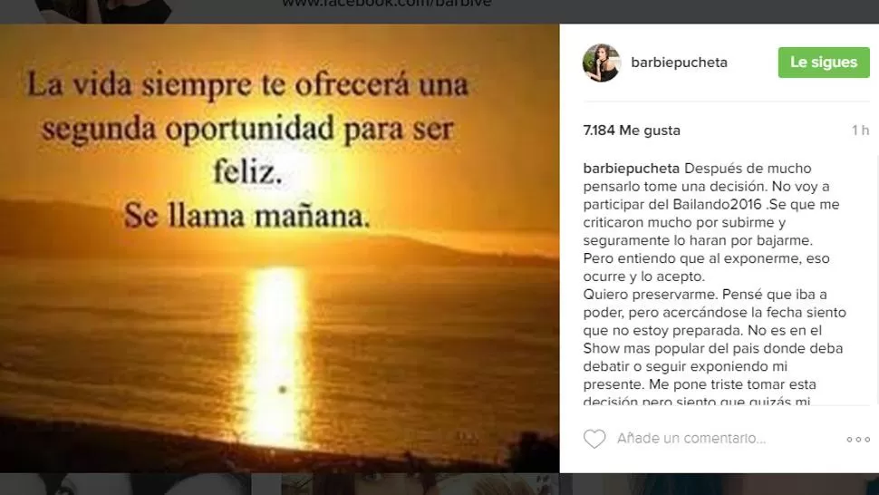 BARBIE VÉLEZ. Así renunció la mediática. FOTO TOMADA DE INSTAGRAM.COM/BARBIEPUCHETA
