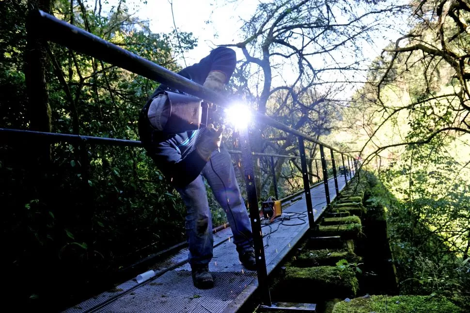 MANOS A LA OBRA. Claudio Vera dispara el soldador para unir las piezas metálicas que servirán de pasamanos en el puente rodeado por el verde de la selva, en medio de la montaña, en el trayecto hasta la cumbre de San Javier. la gaceta / fotos de franco vera