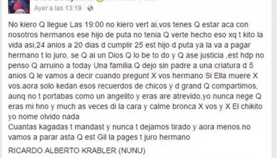 POR LAS REDES. Carta amenazante del hermano del ladrón que fue asesinado por un médico. FOTO TOMADA DE CLARÍN.