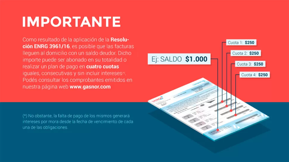 NUEVO ASPECTO. Así lucirá la boleta de gas para regularizar el pago. PRENSA GASNOR