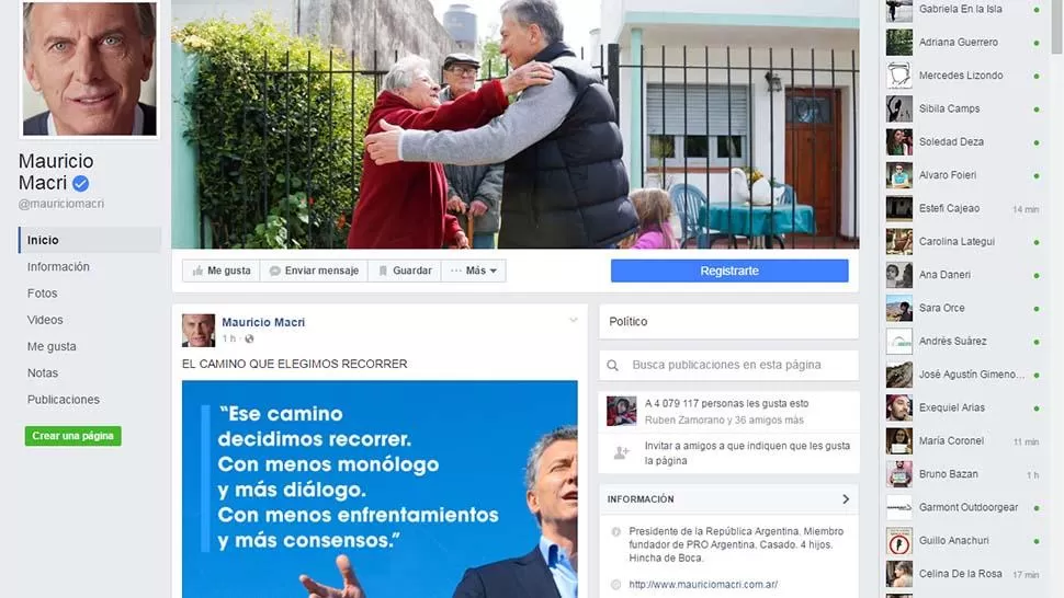FACEBOOK. La fan page de Macri tiene más de 4 millones de me gusta. CAPTURA DE PANTALLA