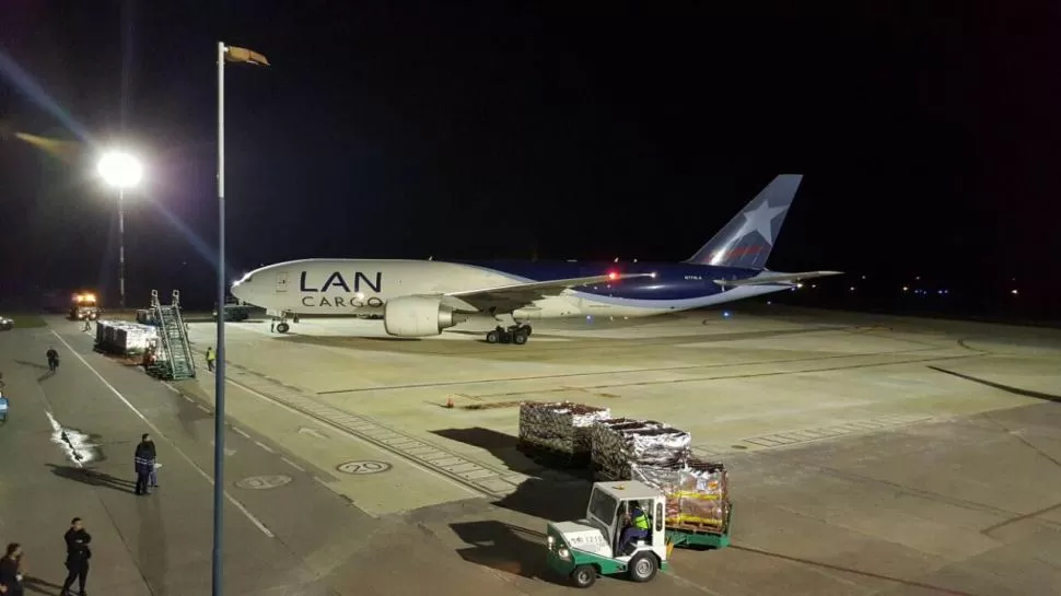 CON DESTINO A LOS ESTADOS UNIDOS. Una de las aeronaves es cargada con pallets de arándanos tucumanos que serán vendidos en Norteamérica.  fotos ministerio de desarrollo productivo