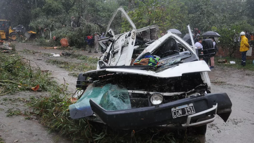 TRAGEDIA. Así quedó el transporte escolar que fue aplastado por el árbol. LA GACETA / ANALÍA JARAMILLO