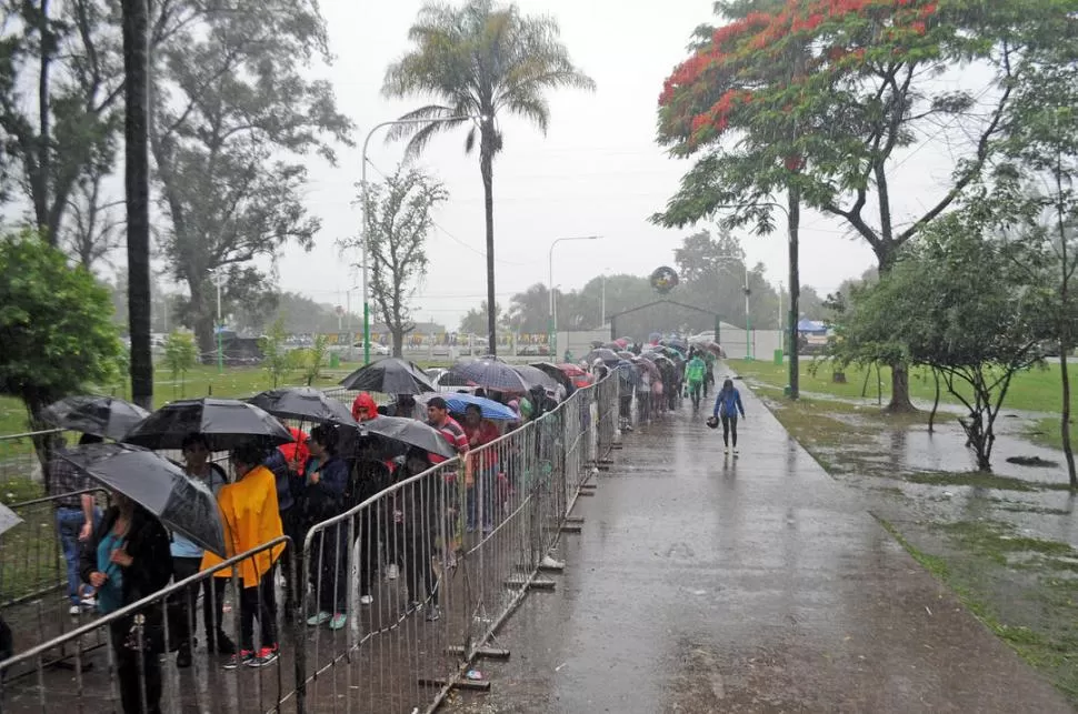 FILA DE PARAGUAS. Cientos de fieles esperan su turno para tomar gracias de la venerada imagen que este año no pudo ser sacada a la puerta del santuario, como en otras ocasiones, debido a la copiosa  lluvia de ayer. LA GACETA / FOTOS DE FRANCO VERA.-