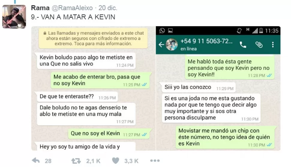 EN LAS REDES. RamaAleixo les explica a todos los contactos que no es Kevin. FOTO CAPTURA DE PANTALLA DE UN CHAT.