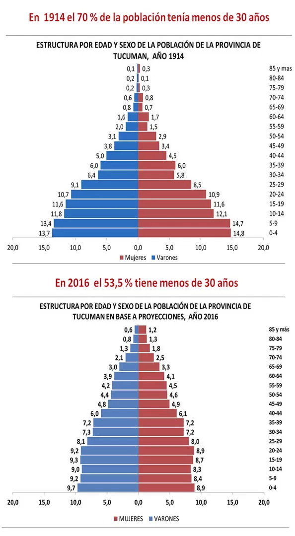 AYER Y HOY. Las imágenes de estas pirámides nos muestran cómo fue envejeciendo la población. En 100 años aumentaron casi un 20% los mayores de 30 años. De seguir esta tendencia, cuando festejemos el Tricentenario sólo un tercio de la población serán niños y jóvenes.  