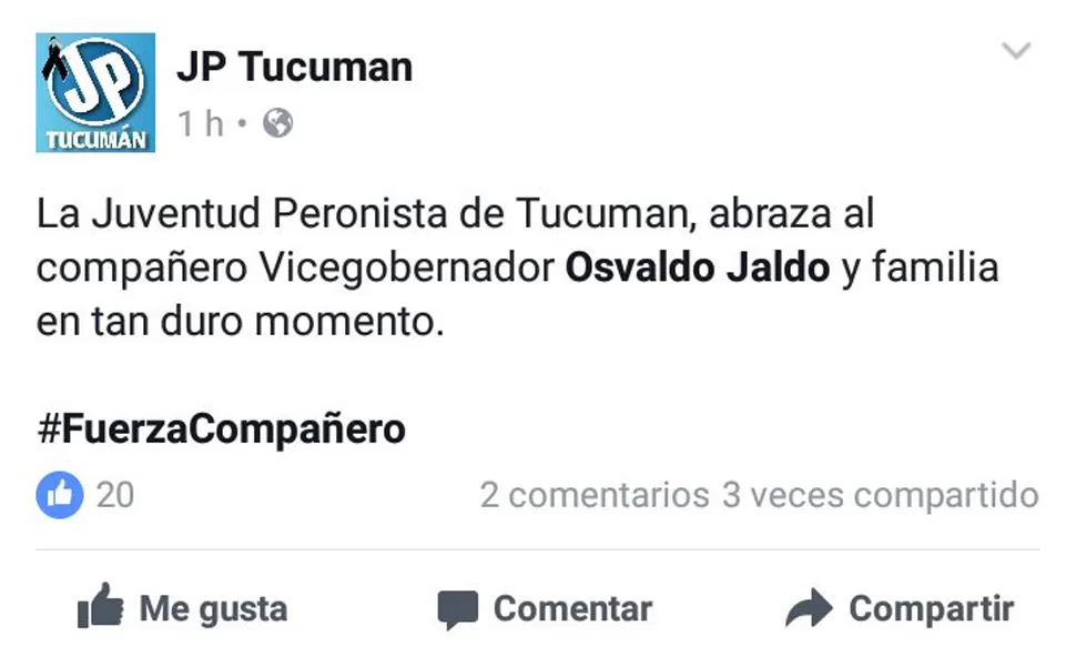 MENSAJE DEL JP DE TUCUMÁN. El partido envió condolencias al vicegobernador. CAPTURA DE FACEBOOK.