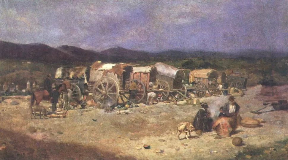 LA CARAVANA. El grupo de carretas alineadas durante un alto en el camino, en un óleo de Emilio Caraffa. 