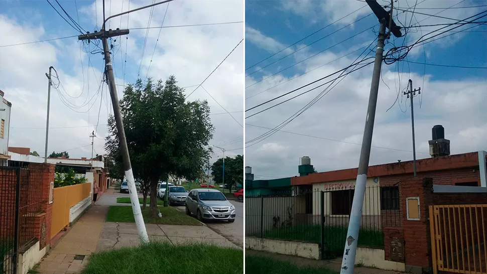 Un poste de luz amenaza con derribar el tendido eléctrico en el barrio Kennedy