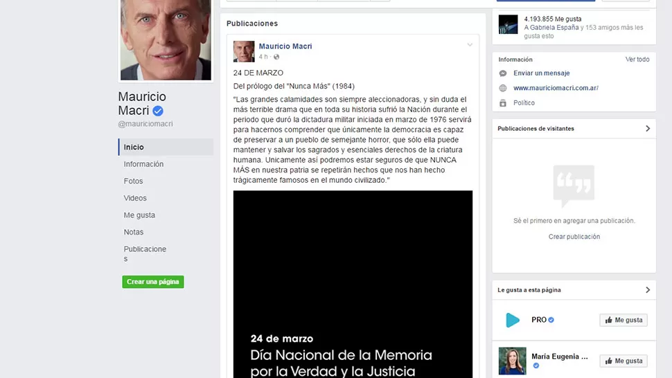 Publicación de Macri. IMAGEN TOMADA DE FACEBOOK.