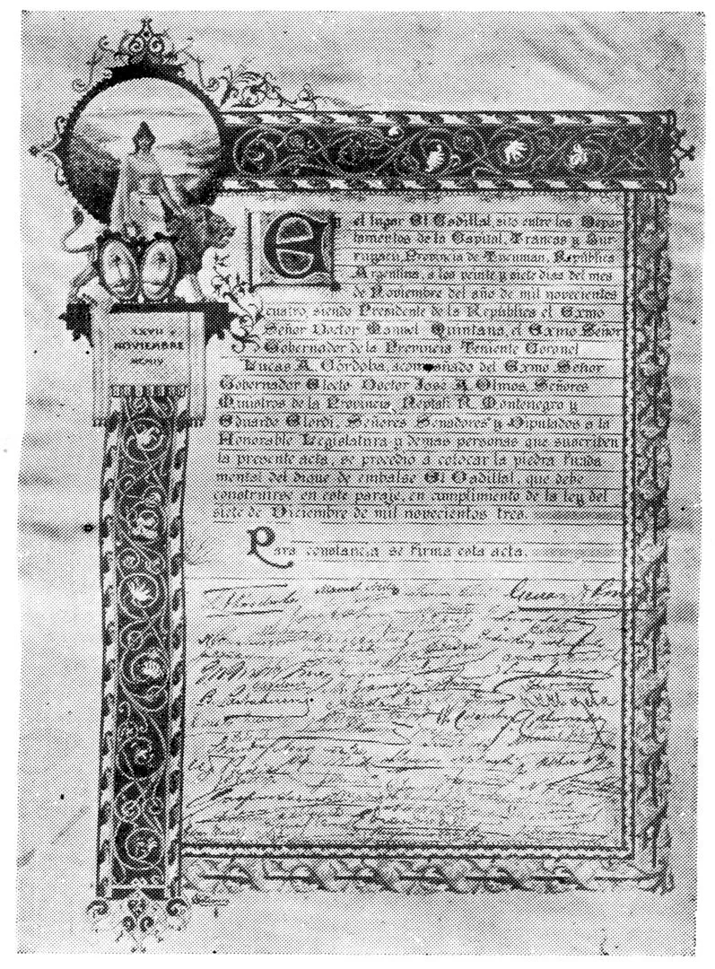 CON 47 FIRMAS. El acta sobre pergamino, labrada con motivo de la colocación de la piedra basal de El Cadillal. 