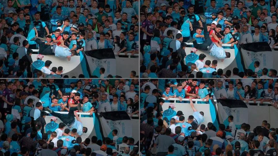 DE NO CREER. Balbo, golpeado por varios hinchas de Belgrano que apoyaron a Oscar Gómez, sospechado de ser el principal instigador del hecho, es arrojado por una boca de acceso de una tribuna del Kempes. imágenes capturas de video 