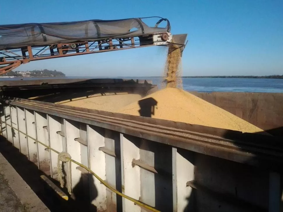 COMERCIO. Un barco carga trigo en sus bodegas en la zona de San Lorenzo. 