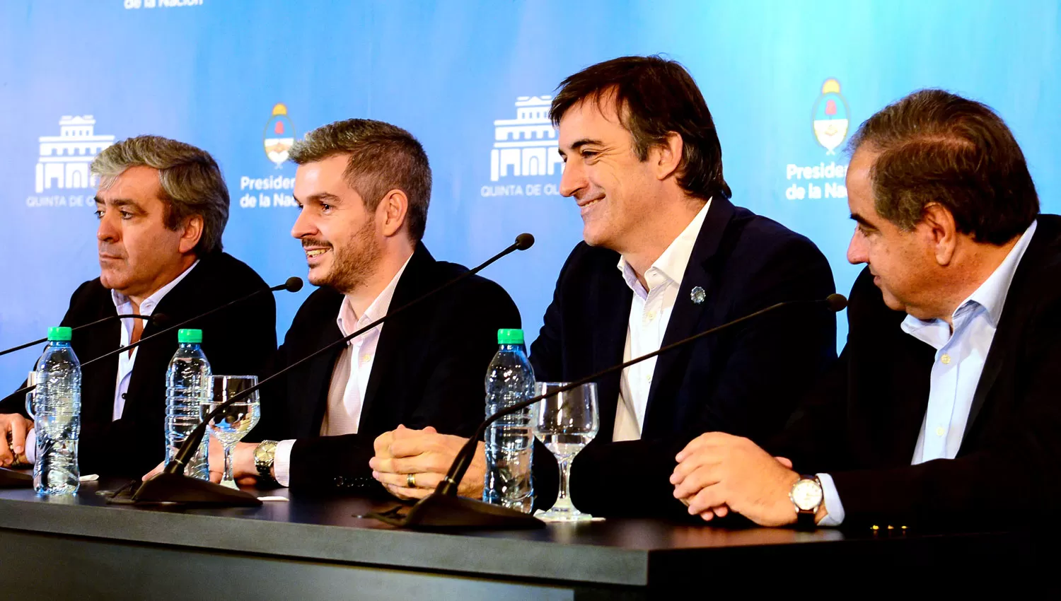 EL ANUNCIO. imagen de la conferencia de prensa en la que Marcos Peña anunció las renuncias de Cano, Bullrich y Martínez. DYN