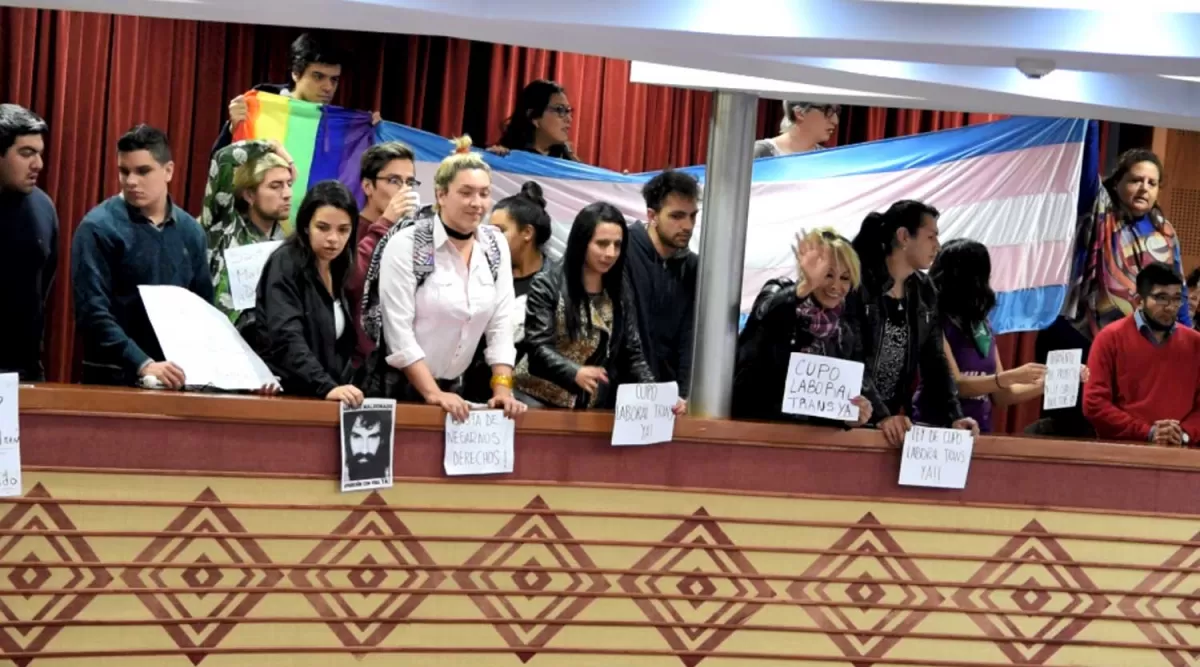 DESDE LOS PALCOS. Integrantes de colectivos trans esperaban con carteles y banderas la sanción de la ley del cupo laboral. Se fueron desilusionadas. foto de ezequiel corbalán
