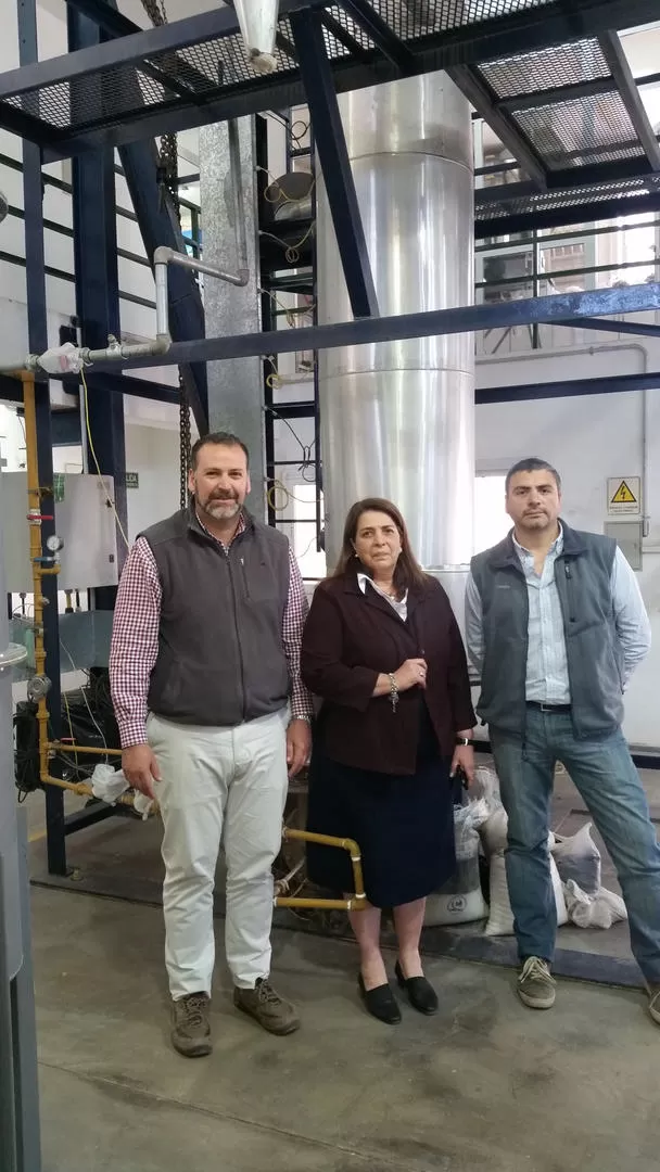 JUNTO AL GASIFICADOR. El ingeniero Feijóo, la doctora Dora Paz y el ingeniero Golato en el Laboratorio de Ensayos y Mediciones Industriales.  