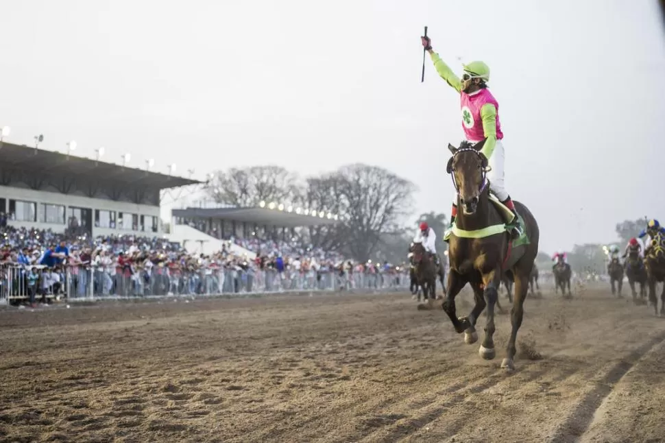 EXCESO DE TRANQUILIDAD. Sir Melody ya le sacó seis cuerpos al resto de los competidores y se apresta a cruzar el disco. El jockey Matías Basualdo saluda con el brazo derecho en alto, en señal de triunfo. la gaceta / FOTO DE JORGE OLMOS SGROSSO