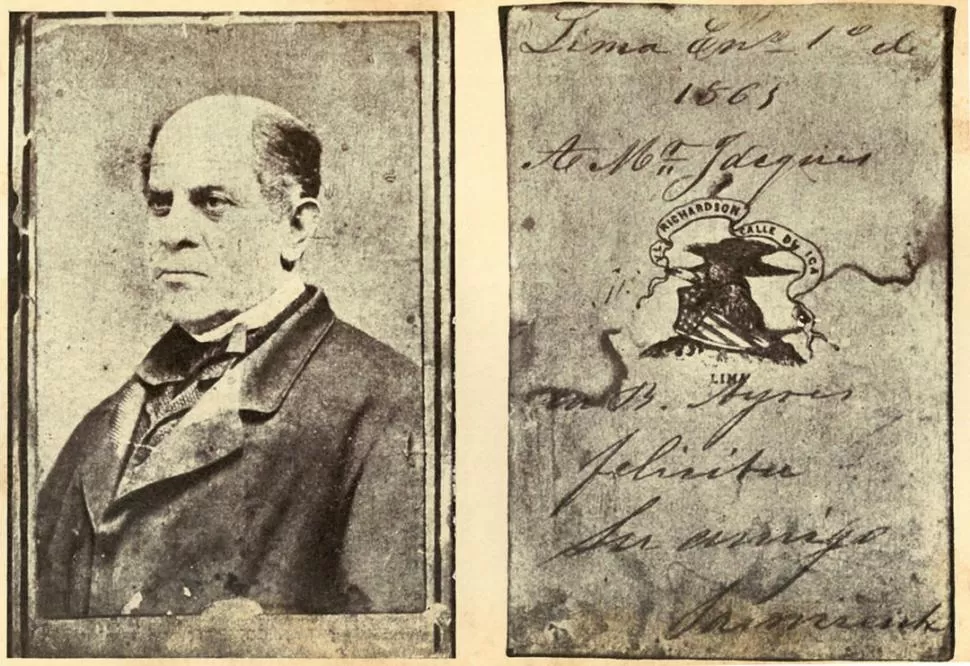 DOMINGO FAUSTINO SARMIENTO. Anverso y reverso de la fotografía que le dedicó a Amadeo Jacques, desde Lima. 