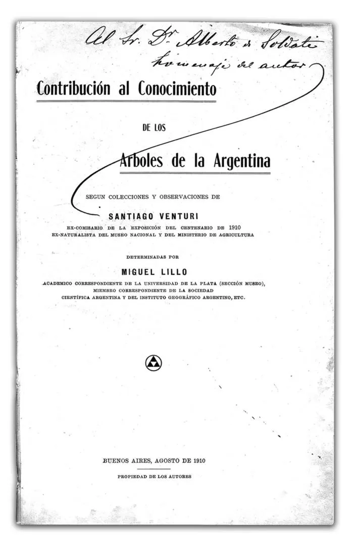INVESTIGACION BOTÁNICA.  Portada del tomo donde Miguel Lillo determinó el material de herbario de Santiago Venturi. 