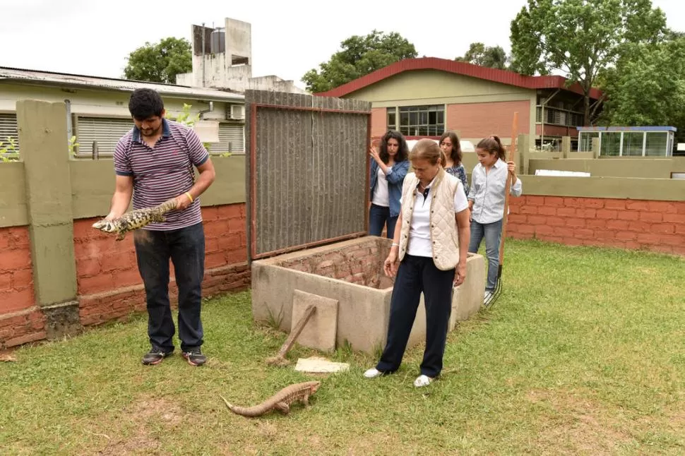 EL CRIADERO. La bioquímica Silvia Chamut (de chaleco blanco), junto a su equipo, observa los lagartos adultos que hay en la finca de El Manantial. la gaceta / fotos de Inés Quinteros Orio