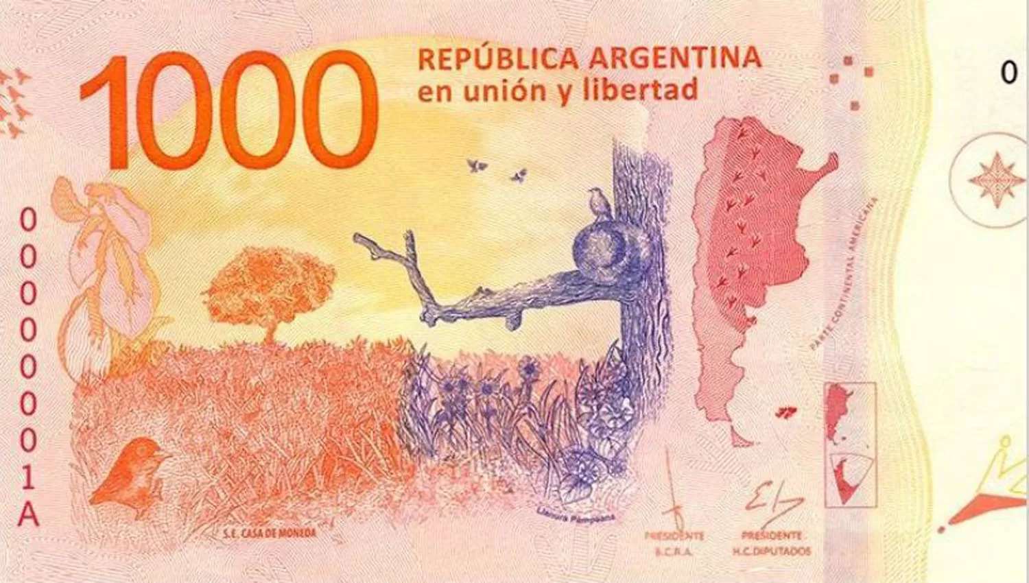 BILLETE DE $ 1000. Lleva impresa una imagen de la llanura pampeana. 